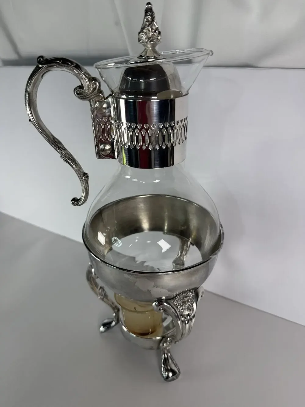 VTG Raimond Silver Plated Coffee/tea Glass Carafe On Footed Stand w/ Orig Candle